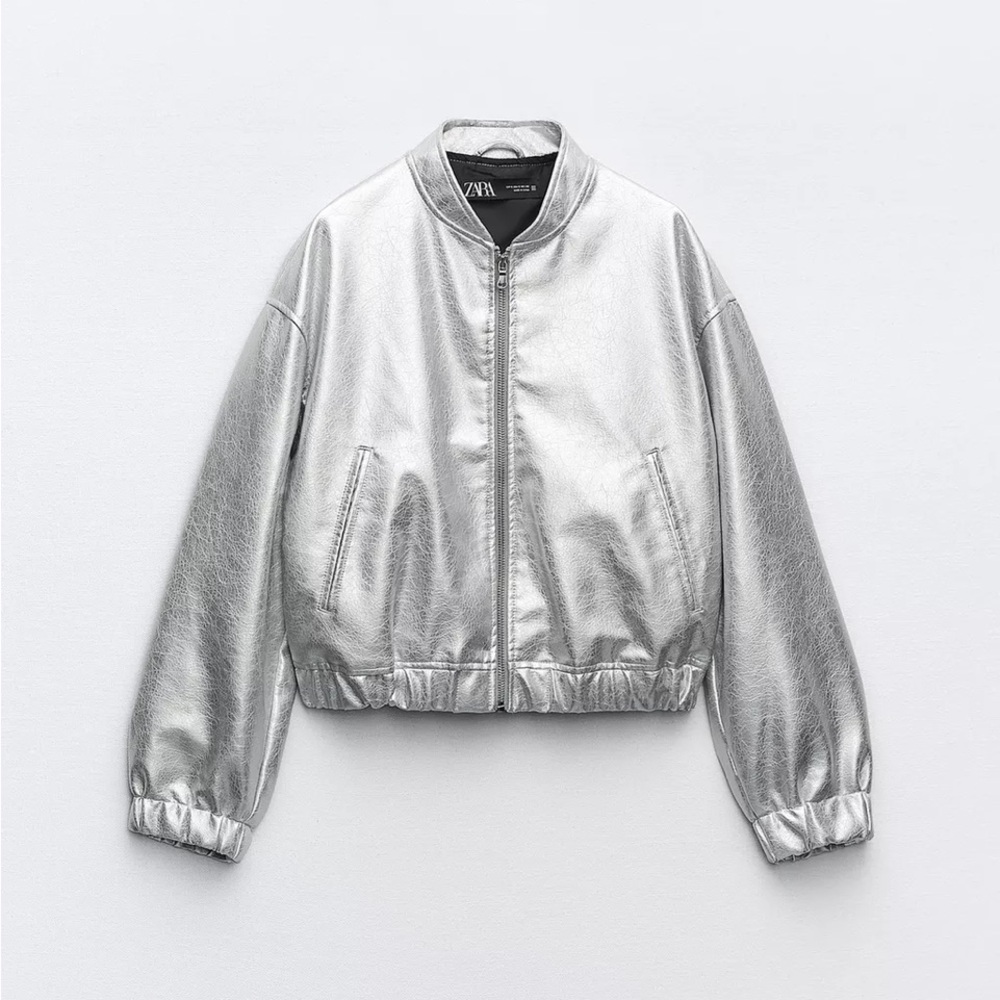 Zara Silver Bomber Jacket with Stand-Up Collar and Elasticized Cuffs